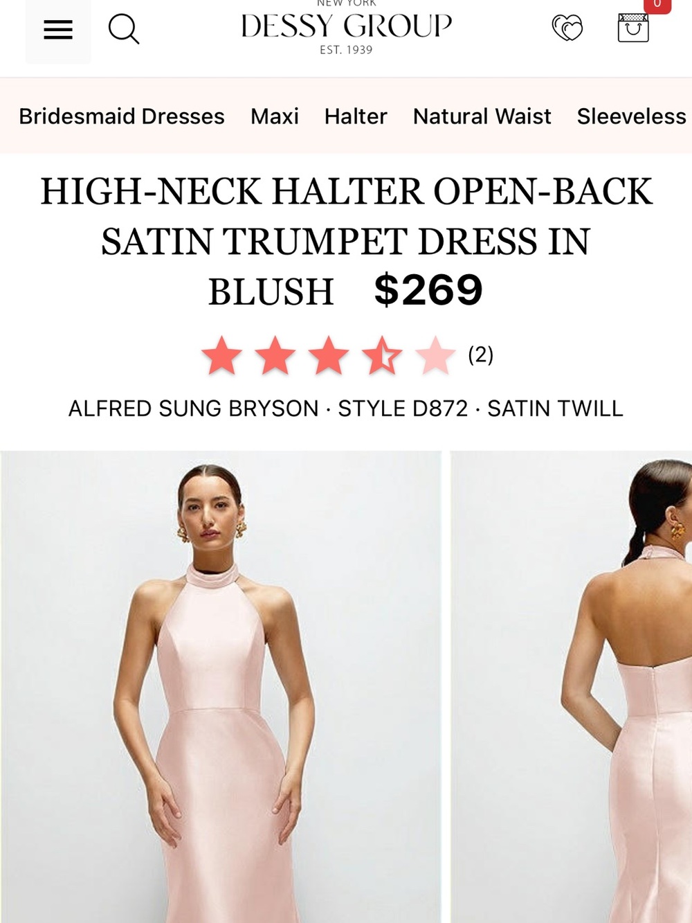 ALFRED SUNG Blush High-Neck Halter Satin Trumpet Dress